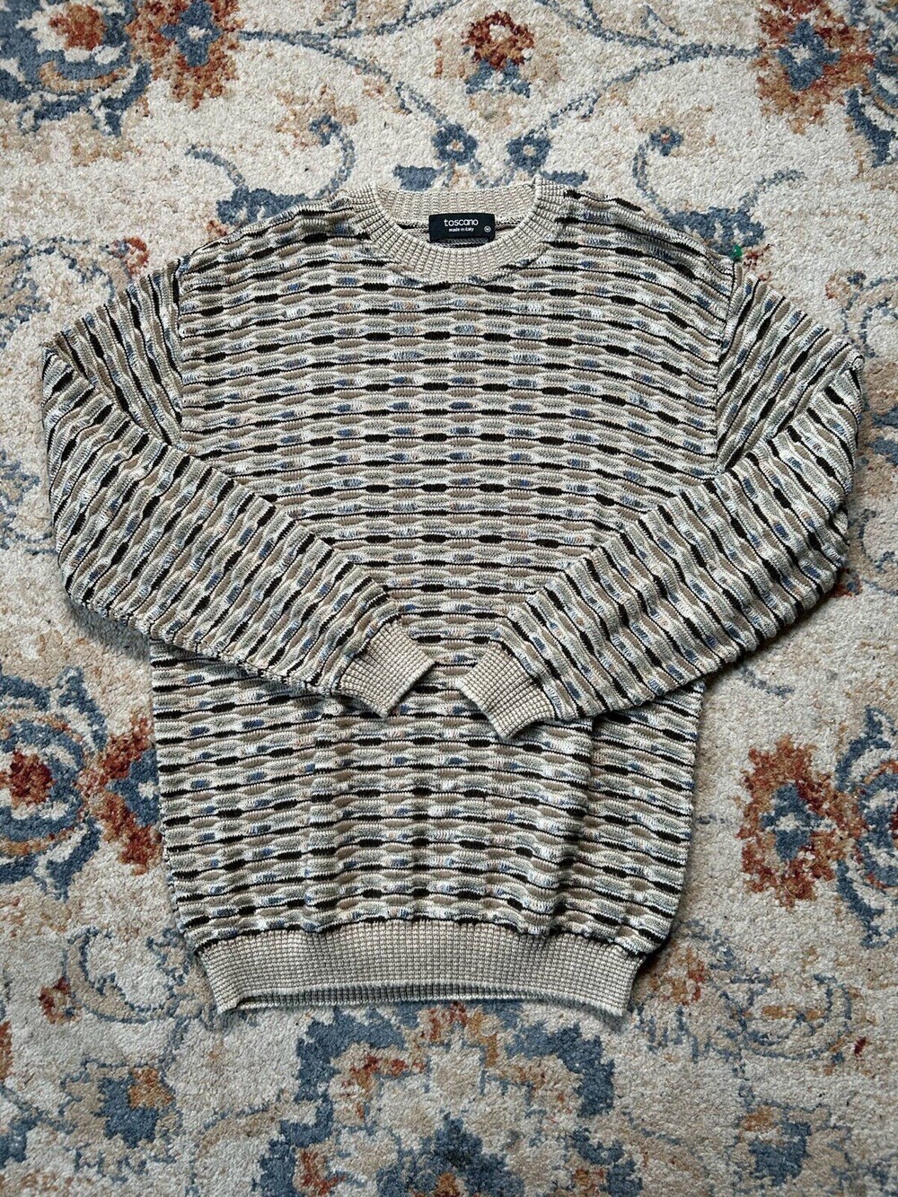 Toscano Mens Sweater Geometric Medium Cotton Crew Neck Made Italy VTG Multicolor